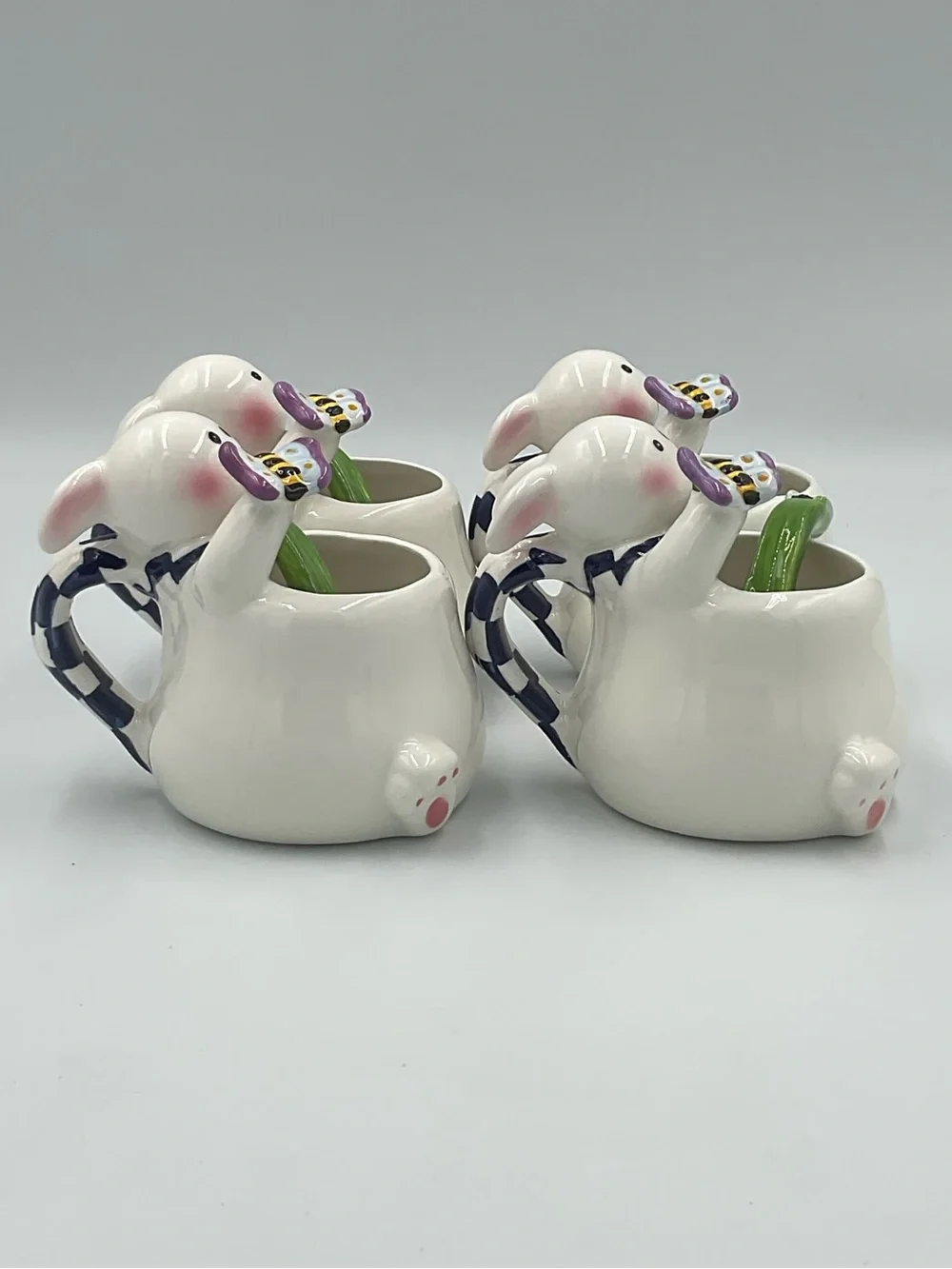 Vintage Mercuries Whimsical Spring Rabbit Teacups w/ Stirring Spoons- Set of 4